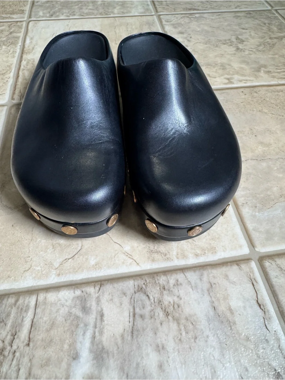 Tory Burch Black Leather Platform Clogs with Gold Studs